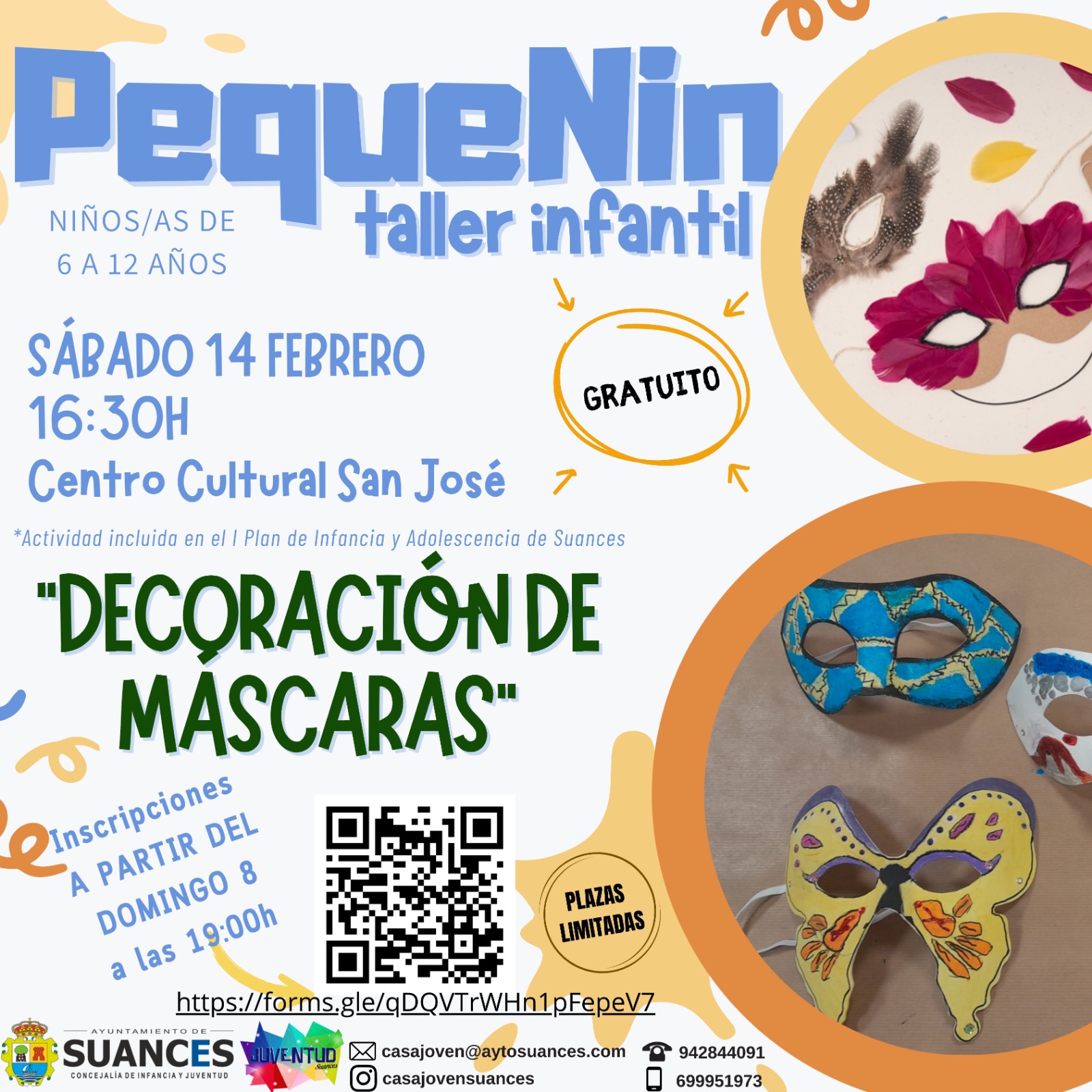 PequeNin organiza un taller infantil gratuito de decoración de máscaras en el Centro Cultural San José